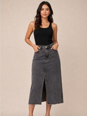 Classic Gray Denim Skirt • Midi • Half slit • Classic • Capsule